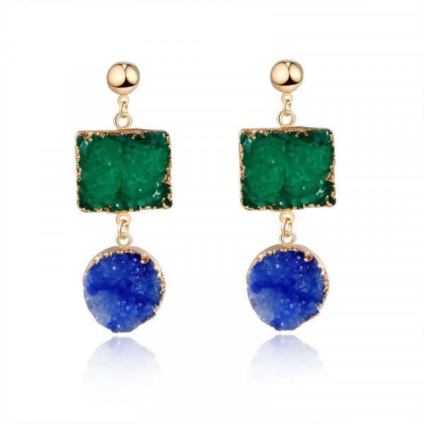 Green Blue Jewel Tone Geo Druzy Stone Drop Earrings